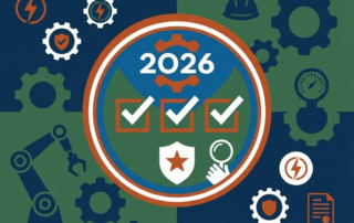 Inspectielabel 2026 met vinkjes en kwaliteitscontrole-iconen, omringd door industriële apparatuur en tandwielen