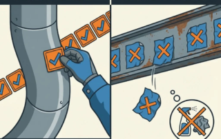 Industriële illustratie van juiste en onjuiste toepassing van oranje en blauwe inspectiestickers op metalen apparatuur
