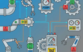 Industriële machines met kleurgecodeerde inspectielabels en QR-codes verbonden door traceerbaarheidslijnen op blauwe achtergrond