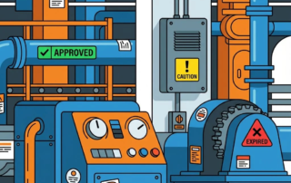 Industriële inspectielabels en stickers op machines: groene goedgekeurd, gele waarschuwing, rode verlopen tags op buizen en panelen.
