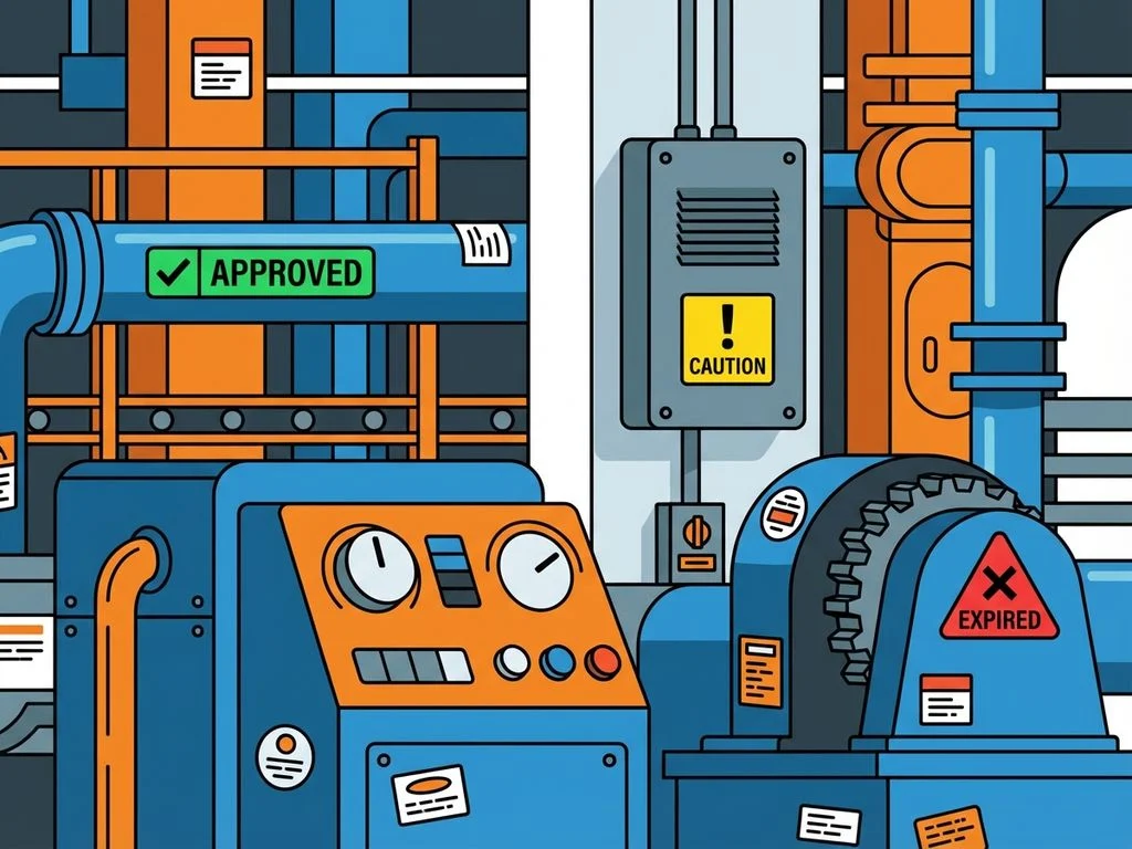 inspectie-labels-industriele-apparatuur-stickers.jpg Industriële inspectielabels en stickers op machines: groene goedgekeurd, gele waarschuwing, rode verlopen tags op buizen en panelen.