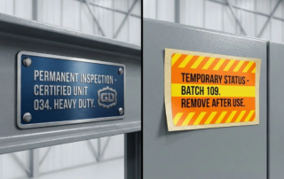 Permanente en tijdelijke inspectielabels naast elkaar: duurzame blauwe versus afneembare oranje industriële labels