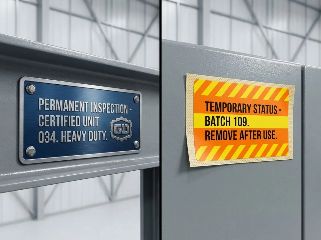 inspectie-labels-permanent-tijdelijk-vergelijking.jpg Permanente en tijdelijke inspectielabels naast elkaar: duurzame blauwe versus afneembare oranje industriële labels