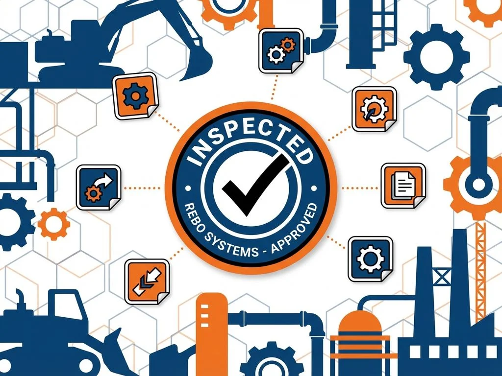 inspectie-sticker-industriele-apparatuur-workflow.jpg Grote inspectie sticker met vinkje omringd door industriële apparatuur silhouetten in blauw en oranje kleuren
