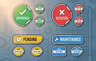 Kleurgecodeerde inspectie stickers in groen, rood, geel en blauw voor kwaliteitscontrole en certificering processen