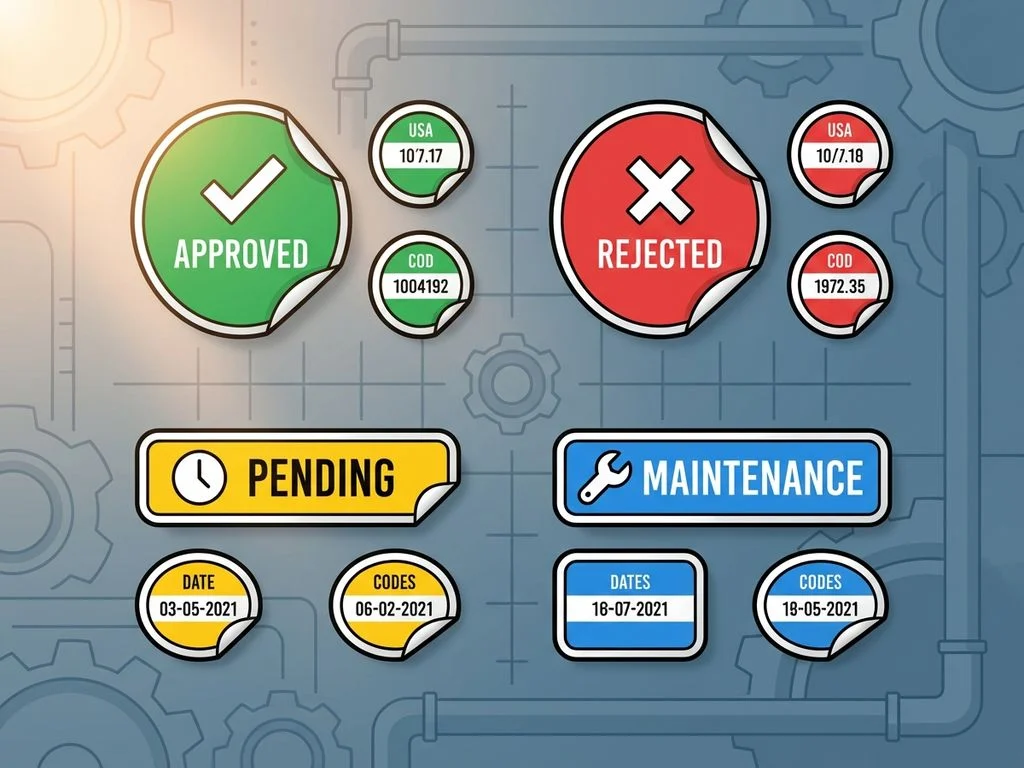 inspectie-stickers-kwaliteitscontrole-kleuren-systeem.jpg Kleurgecodeerde inspectie stickers in groen, rood, geel en blauw voor kwaliteitscontrole en certificering processen