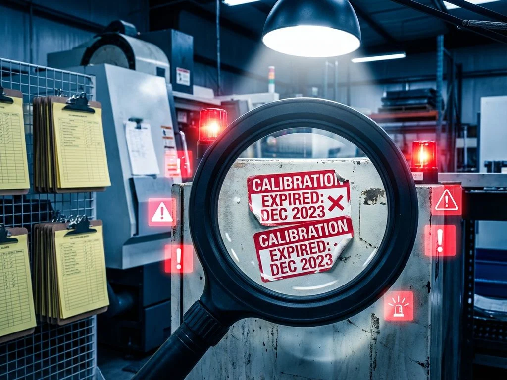 industriele-kalibratie-audit-controle-apparatuur.jpg Vergrootglas inspecteert verlopen kalibratieplaatjes op industriële apparatuur met rode waarschuwingssymbolen