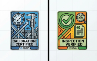 Industriële stickers vergelijking: kalibratie-etiket met meetinstrumenten links, inspectie-label met kwaliteitscontrole rechts