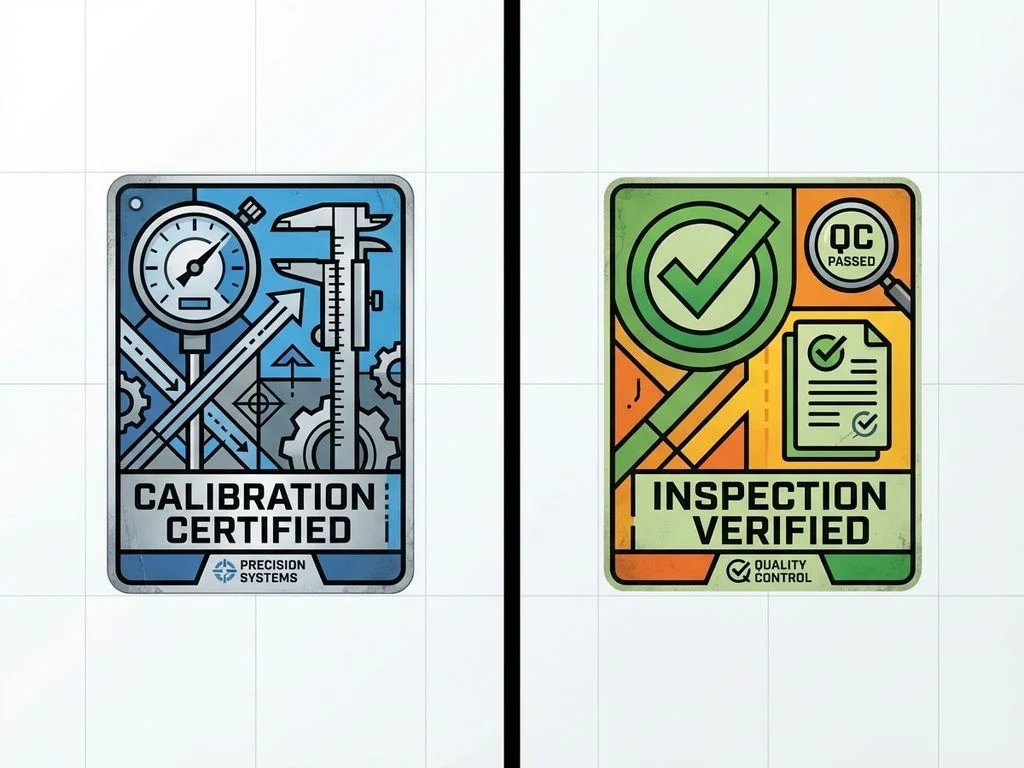 calibratie-inspectie-stickers-industrieel-verschil.jpg Industriële stickers vergelijking: kalibratie-etiket met meetinstrumenten links, inspectie-label met kwaliteitscontrole rechts
