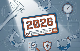 2026 kalibratiessticker met meetinstrumenten en kwaliteitscontrole-iconen in Rebo Systems' blauw-oranje kleurenschema