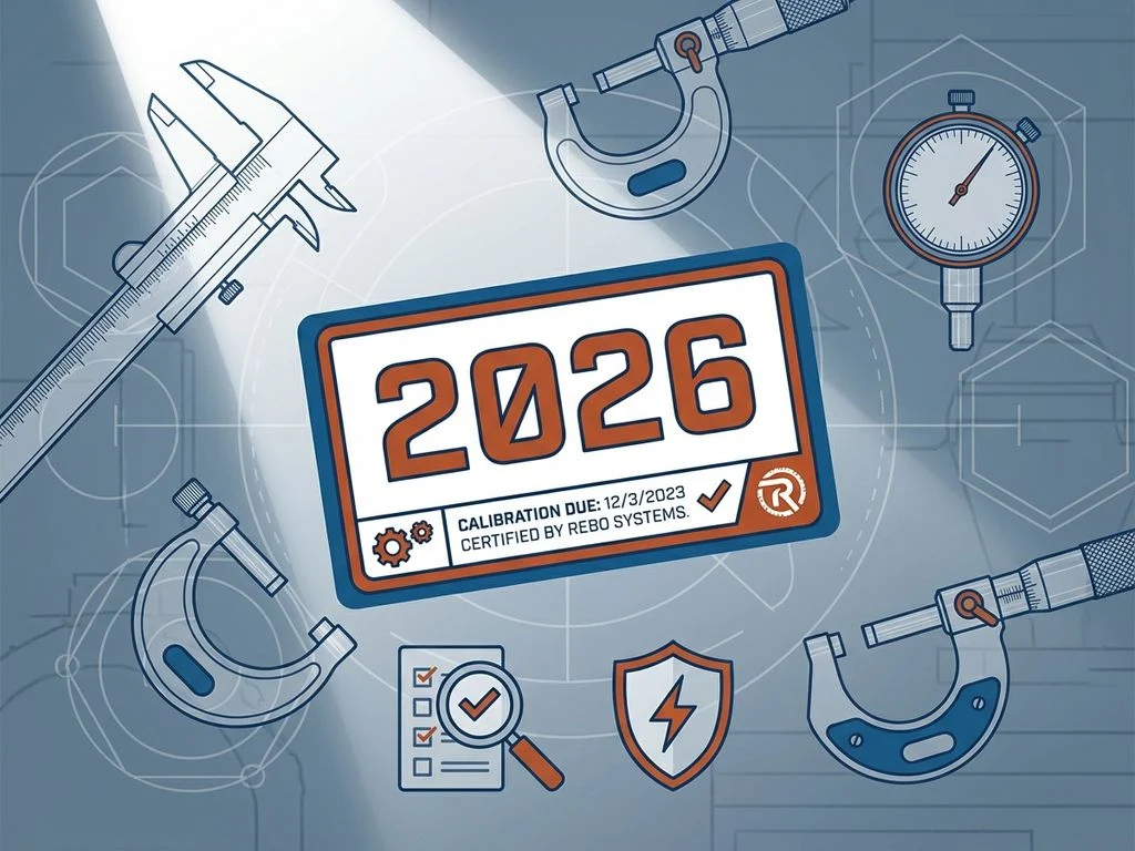 kalibratie-sticker-2026-meetinstrumenten-kwaliteit.jpg 2026 kalibratiessticker met meetinstrumenten en kwaliteitscontrole-iconen in Rebo Systems' blauw-oranje kleurenschema