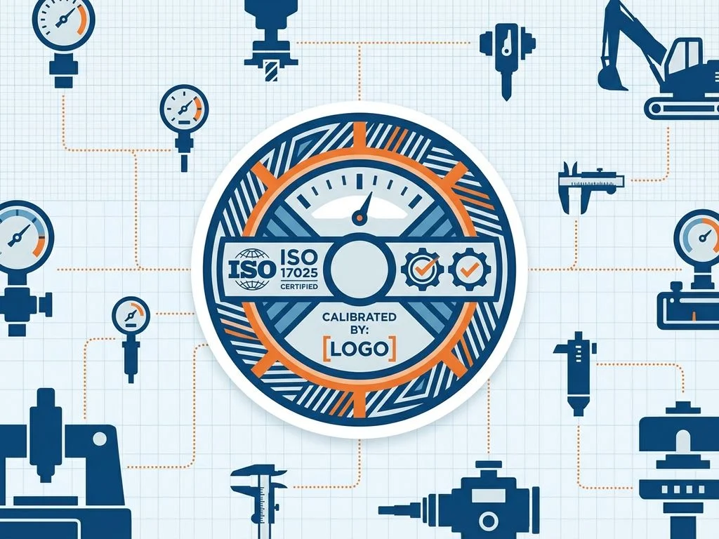 kalibratie-sticker-industriele-meetinstrumenten.jpg Kalibratieproces illustratie met centrale kalibratielabel, meetinstrumenten en industriële apparatuur verbonden door workflow