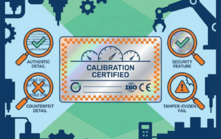 Kalibratietsticker met holografische beveiligingselementen, meetinstrumenten en certificeringssymbolen voor industriële identificatie