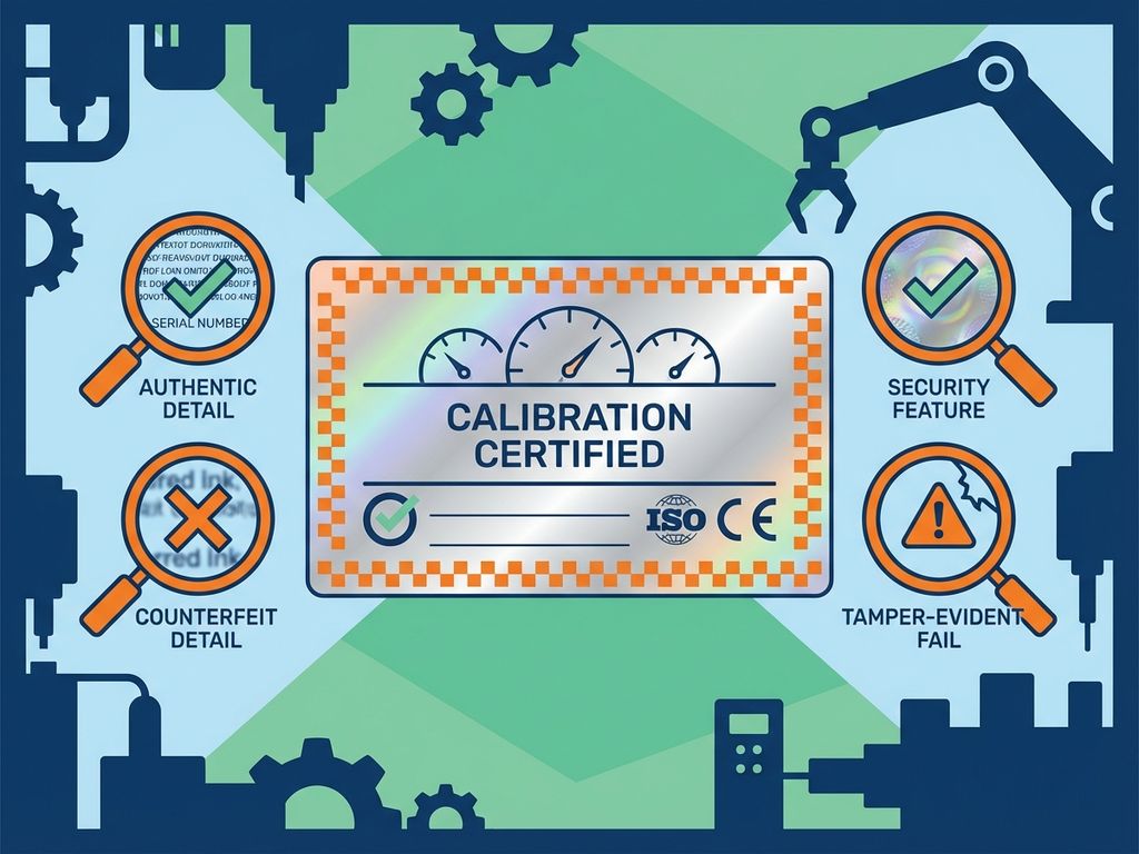 Kalibratietsticker met holografische beveiligingselementen, meetinstrumenten en certificeringssymbolen voor industriële identificatie