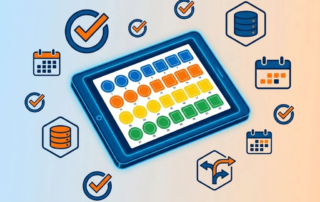 Digitale tablet met kleurrijke kalibratiestickers omringd door best practice iconen in blauw en oranje ontwerp