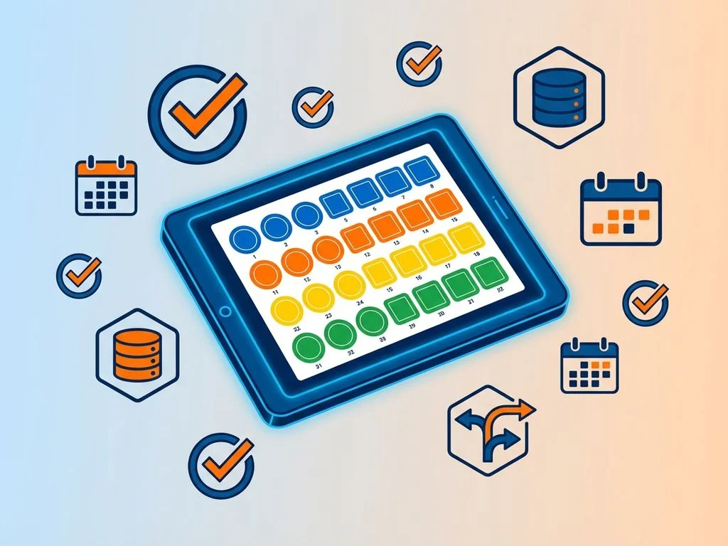 Digitale tablet met kleurrijke kalibratiestickers omringd door best practice iconen in blauw en oranje ontwerp