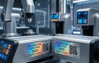 Geavanceerde kalibratietickers met holografische beveiligingselementen en QR-codes op precisiemeetapparatuur in modern laboratorium