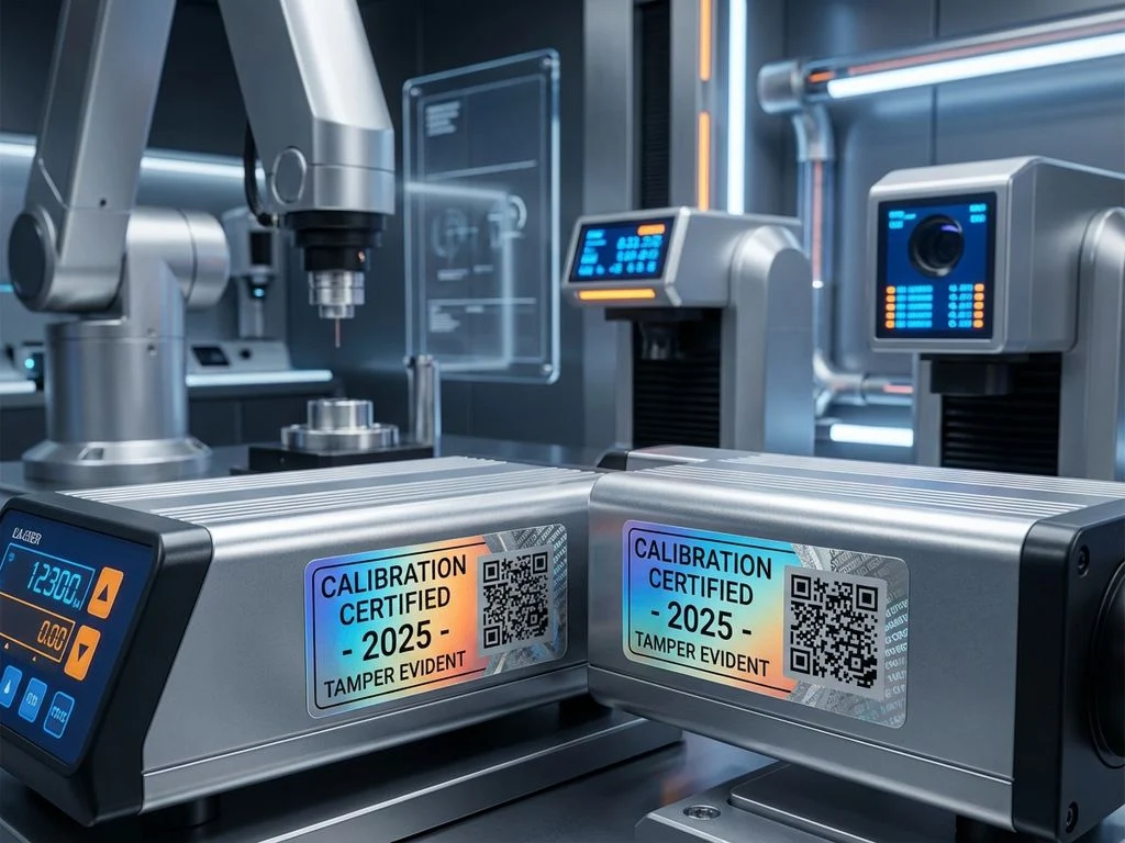 holografische-kalibratie-stickers-qr-codes-laboratorium.jpg Geavanceerde kalibratietickers met holografische beveiligingselementen en QR-codes op precisiemeetapparatuur in modern laboratorium