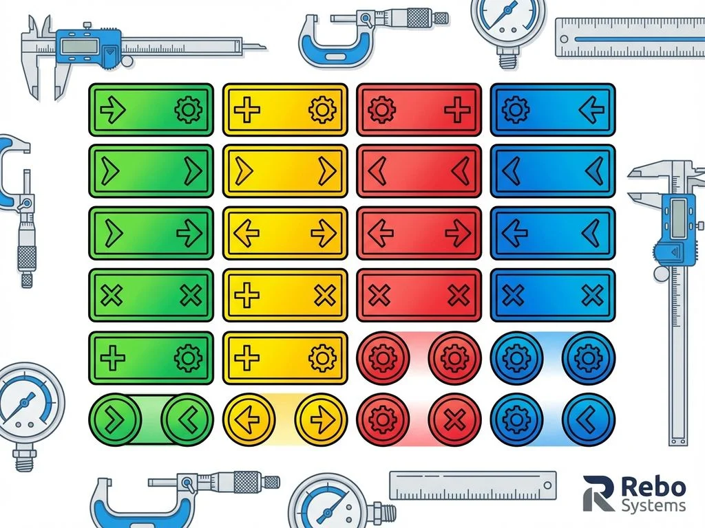kalibratie-stickers-kleurrijk-grid-patroon-industrieel.jpg Kleurrijke kalibratiestickers in georganiseerd rasterpatroon met meetinstrumenten op witte achtergrond