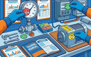 Handen plaatsen kleurrijke kalibratiestickers op industriële meetapparatuur tijdens een trainingssessie met gereedschappen