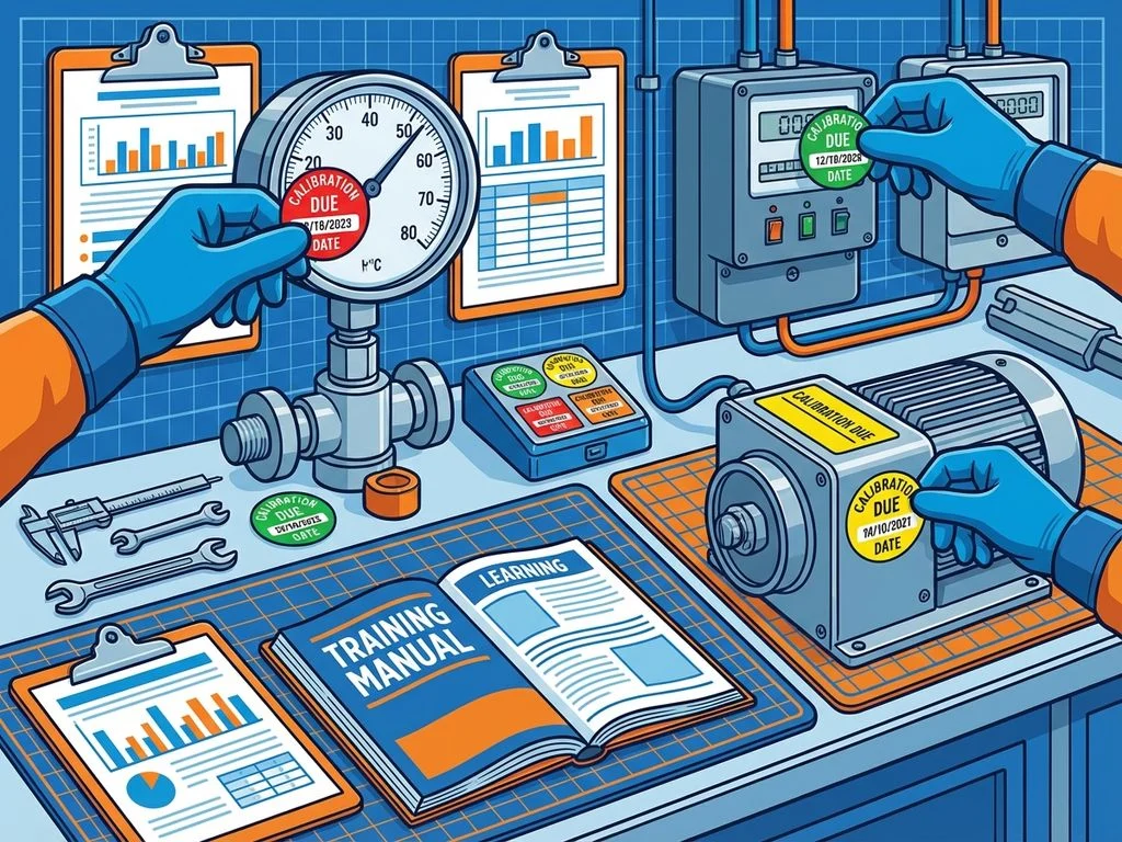calibratie-stickers-industriele-training-apparatuur.jpg Handen plaatsen kleurrijke kalibratiestickers op industriële meetapparatuur tijdens een trainingssessie met gereedschappen