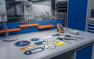 Kalibratiestickers in verschillende vormen en kleuren op industriële werkbank met meetinstrumenten en apparatuur