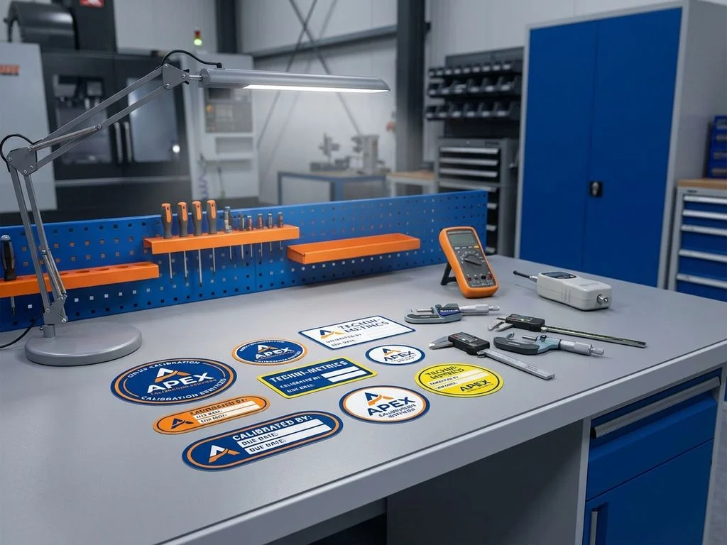 calibratie-stickers-industriele-werkplek-custom.jpg Kalibratiestickers in verschillende vormen en kleuren op industriële werkbank met meetinstrumenten en apparatuur
