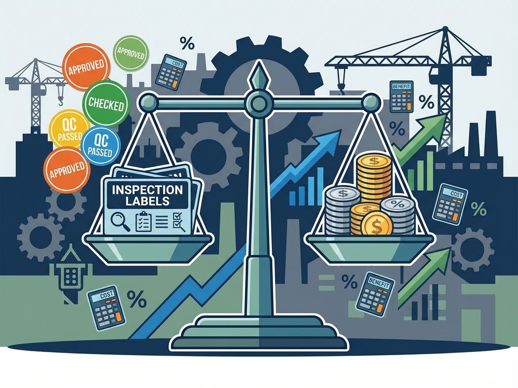 Professionele kosten-batenanalyse visualisatie met weegschaal, muntstapels, industriële apparatuur en stijgende pijlen