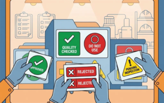 Handen houden kleurgecodeerde kwaliteitscontrole labels en stickers vast in industriële trainingsomgeving met werkruimte