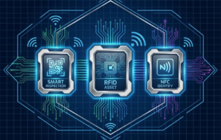 Moderne industriële inspectielabels met QR-codes, RFID-chips en NFC-symbolen, verbonden door digitale circuits