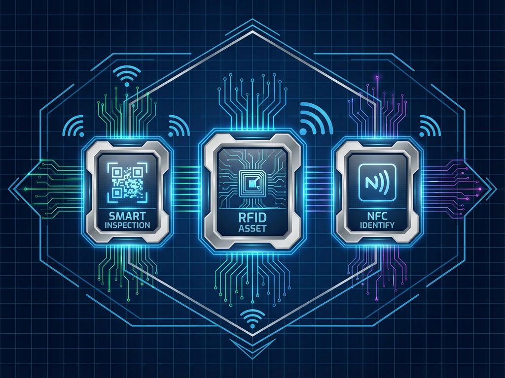 Moderne industriële inspectielabels met QR-codes, RFID-chips en NFC-symbolen, verbonden door digitale circuits