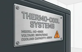 Metalen typeplaatje met technische specificaties op moderne airconditioner in industriële omgeving