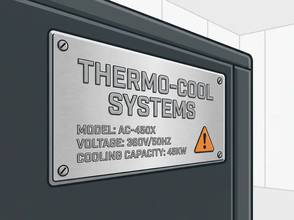 Metalen typeplaatje met technische specificaties op moderne airconditioner in industriële omgeving