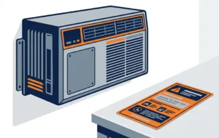 Industriële airco-unit op witte muur met ontbrekend identificatieplaatje naast een vinylcompliance-label op een werkoppervlak.
