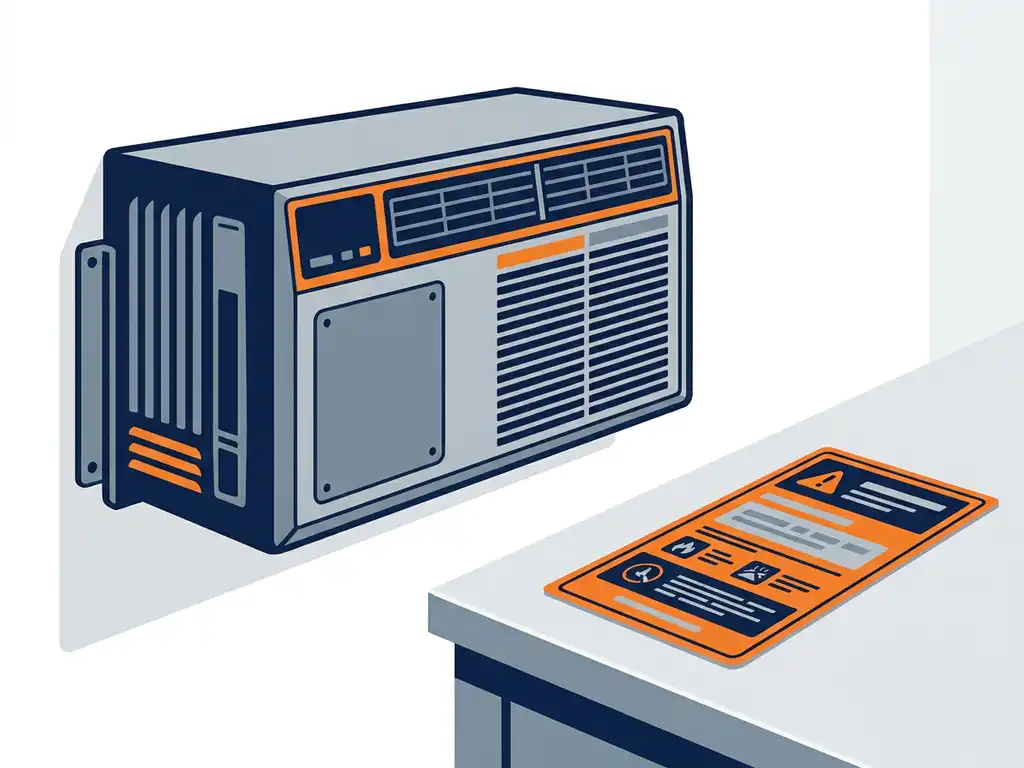 airconditioning-compliancelabel-vinyl-industrie.jpg Industriële airco-unit op witte muur met ontbrekend identificatieplaatje naast een vinylcompliance-label op een werkoppervlak.