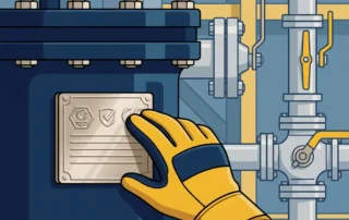 Gehandschoende hand die een roestvrijstalen naamplaat met certificeringsmarkeringen betast op een industrieel drukvat met bouten en pijpfittingen.