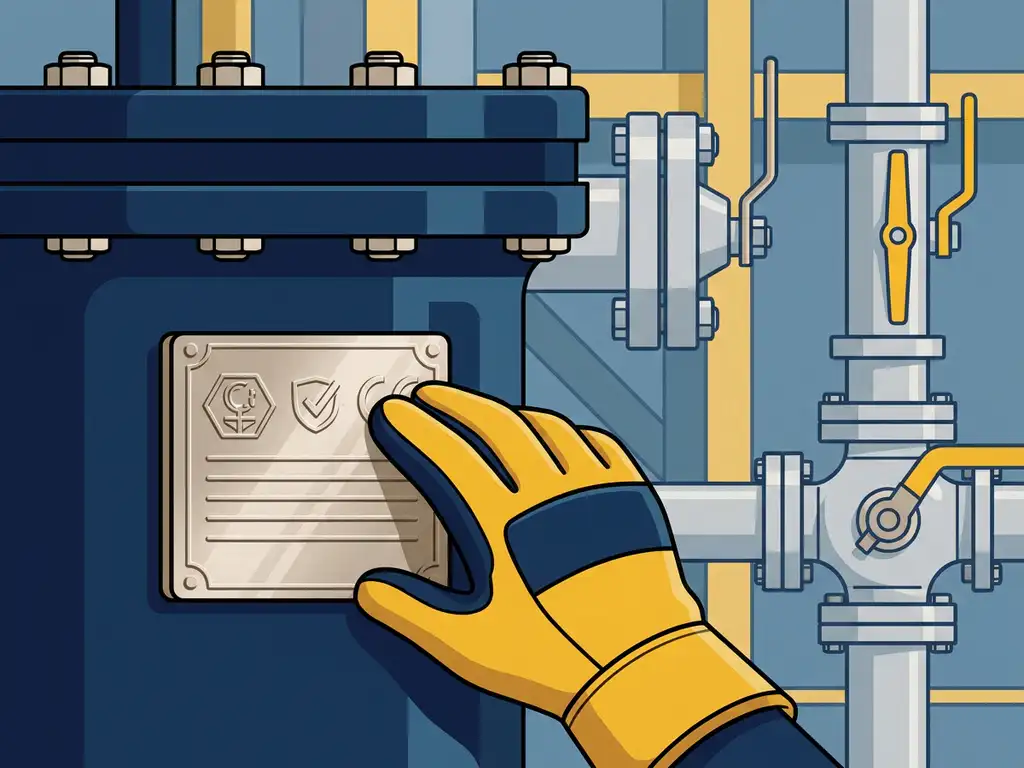 drukvat-certificering-naamplaat-industrieel.jpg Gehandschoende hand die een roestvrijstalen naamplaat met certificeringsmarkeringen betast op een industrieel drukvat met bouten en pijpfittingen.