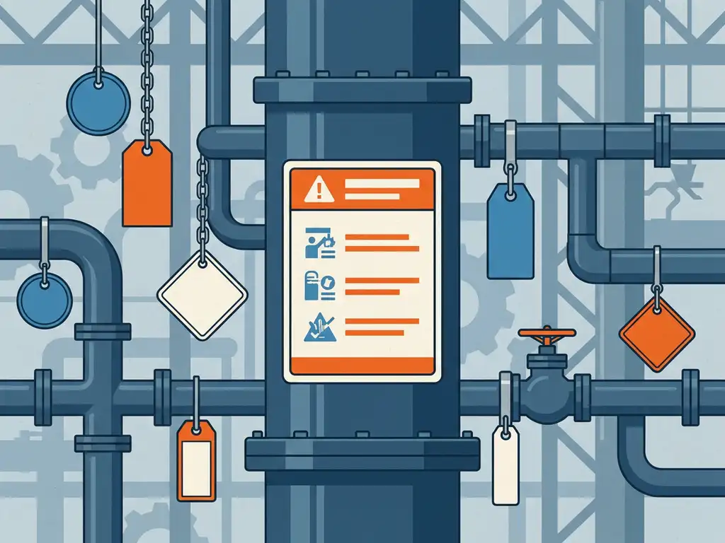 fgas-compliance-label-koelinstallatie-industrie.jpg F-gas nalevingslabel bevestigd op koelleiding, omgeven door industriële identificatietags in een productieplant.