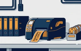 Industriële labelprinter die een apparaatnaamplaatje print, omringd door ordners en assettags op een werkbankblad.