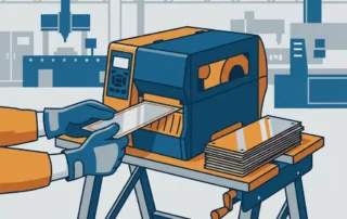 Technicus voert metalen naamplaatje in industriële labelprinter op werkvloer, afgedrukte aluminium platen gestapeld ernaast.