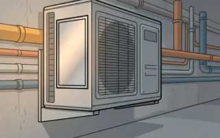 Wandgemonteerde airconditioning-unit met ontbrekend identificatieplaatje op blanco metalen oppervlak, industriële gang op achtergrond.