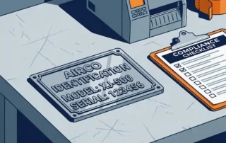 Gegraveerd metalen airco-identificatieplaatje op een werkbank, omringd door een compliance-checklist en een labelprinter.