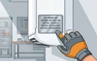 Technicus wijst met gehandschoende hand naar het typeplaatje van een witte industriële airconditioning-unit.