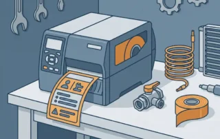 Identificatielabel voor airconditioning-unit dat uit een industriële labelprinter rolt, met HVAC-onderdelen en vinyltape op werkblad.