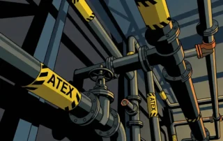 Industriële metalen leidingen met gele ATEX-gevaarbanden in een donkere procesinstallatie, omgeven door stalen kleppen en flenzen.