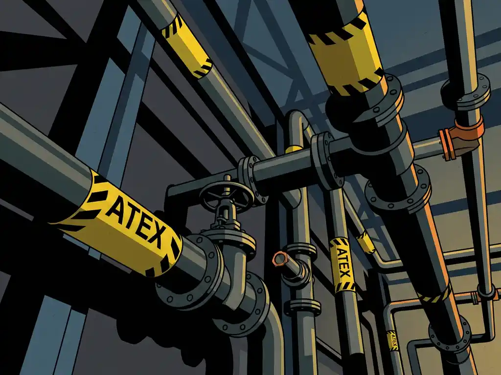 Industriële metalen leidingen met gele ATEX-gevaarbanden in een donkere procesinstallatie, omgeven door stalen kleppen en flenzen.