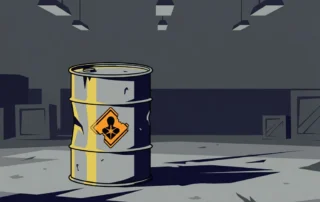 Beschadigd chemisch vat met afbladderende gevarensymbolen op een industriële betonnen vloer, vlakke vectorillustratie.