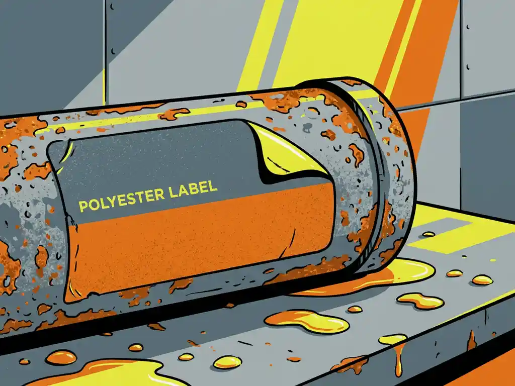 chemisch-resistente-polyester-label-metalen-pijp.jpg Chemisch resistente polyesterlabel die loslaat op gecorrodeerde metalen pijp, omringd door industriële oplosmiddeldruppels op stalen werkoppervlak.