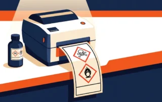 CLP-conform gevarenlabel met GHS-diamantsymbolen uit industriële labelprinter op werkbank, kleine chemische container ernaast.
