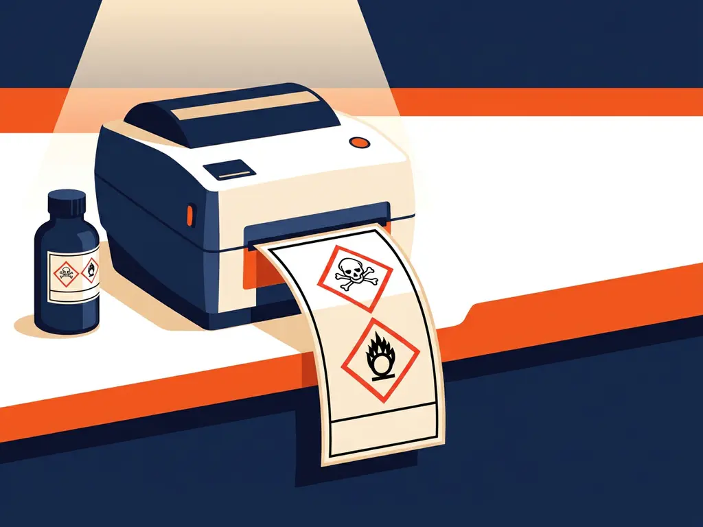 clp-label-printer-gevaarssymbolen-werkplaats.jpg CLP-conform gevarenlabel met GHS-diamantsymbolen uit industriële labelprinter op werkbank, kleine chemische container ernaast.